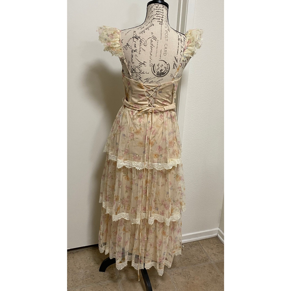 Lulus Dress Womens Small Cream Floral Lace Tiered Midi Ruffle Romantic Fairy - Picture 7 of 16